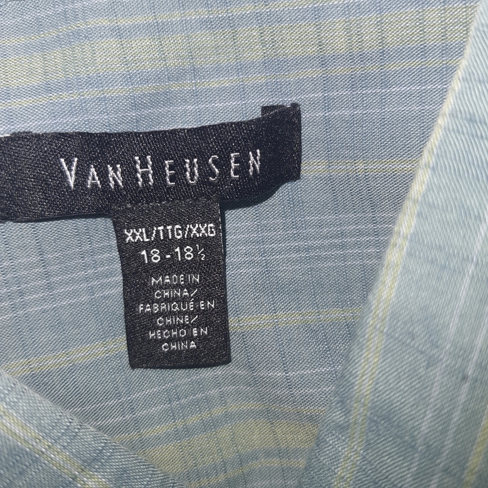 Men's Van Heusen Premium XXL Short Sleeve Casual Shirt Blue Striped 18 ½ Neck - Picture 5 of 9
